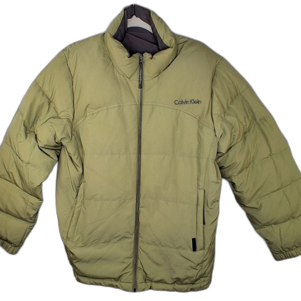 Down Puffer Jacket Women's Reversible Chartreuse Gray Calvin Klein Size L